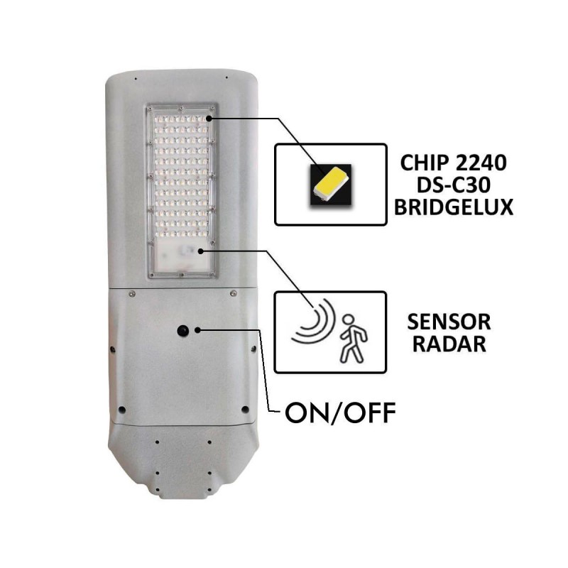 Farola solar LED 120W PRO Bridgelux 2600Lm con sensor radar