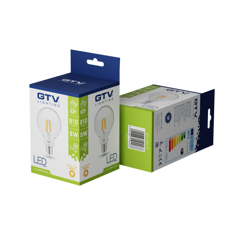 Bombilla LED GLASS FILAMENT 8W E27 Globo G95 transparente