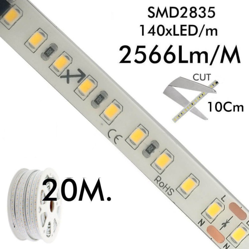 Striscia LED 230V 19W 140LED/m SMD2835 Bridgelux 2566Lm IP67 - Rotolo 20 metri