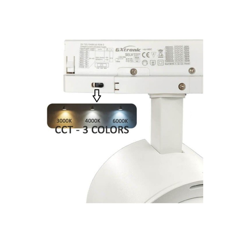 Faretto LED bianco per binario trifase regolabile 26-40W CCT chip BridgeLUX
