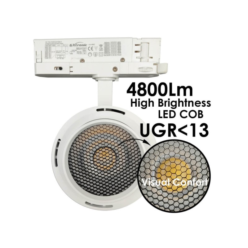 Faretto LED bianco per binario trifase regolabile 26-40W CCT chip BridgeLUX