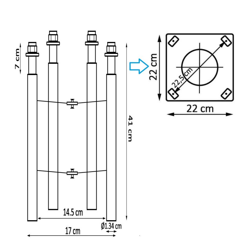Template 220x220mm with bolts for anchoring modular columns REKA/URBAN to the ground
