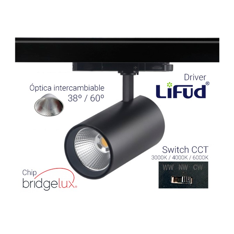 Projecteur LED noir pour Rail Triphasique 40W CCT LiFUD/BridgeLUX 38º-60º 4550Lm
