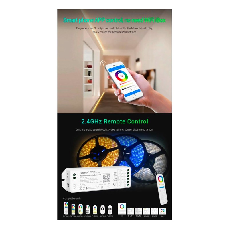MiBoxer 5-in-1 WiFi LED Controller 12/24Vdc for Single Color/CCT/RGB/RGBW/RGBWW LED Strips