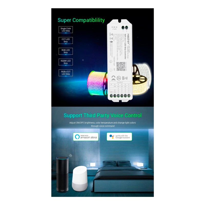 MiBoxer 5-in-1 WiFi LED Controller 12/24Vdc for Single Color/CCT/RGB/RGBW/RGBWW LED Strips