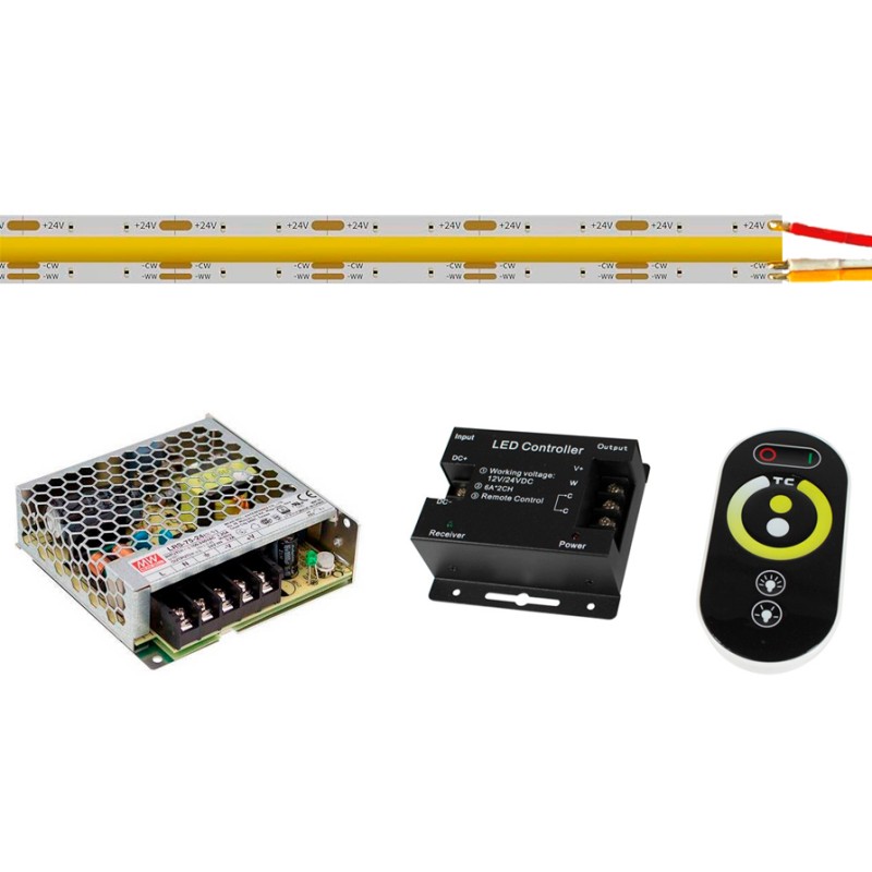 24V 14W COB CCT selectable LED  Strip Kit IP20 5m + RF controller + Power supply. 75W MeanWell