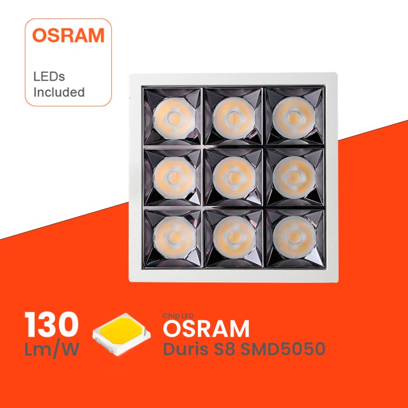 Faretto da incasso LED quadrato 40W chip OSRAM 24º UGR17 4400Lm