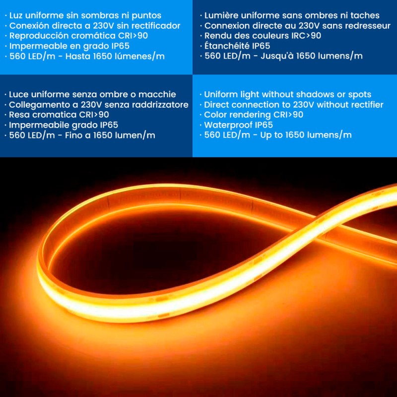 230V COB Professional LED Strip 16W 560LED/m 1650Lm/m IP65