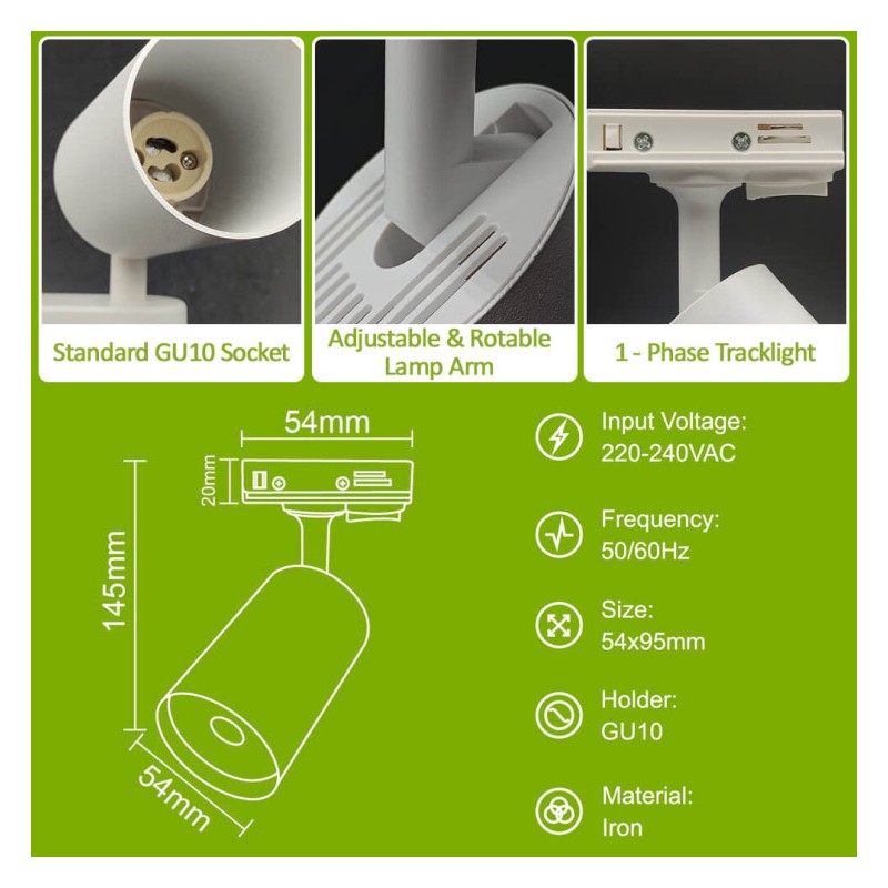 Faretto da binario monofase per lampadina LED GU10