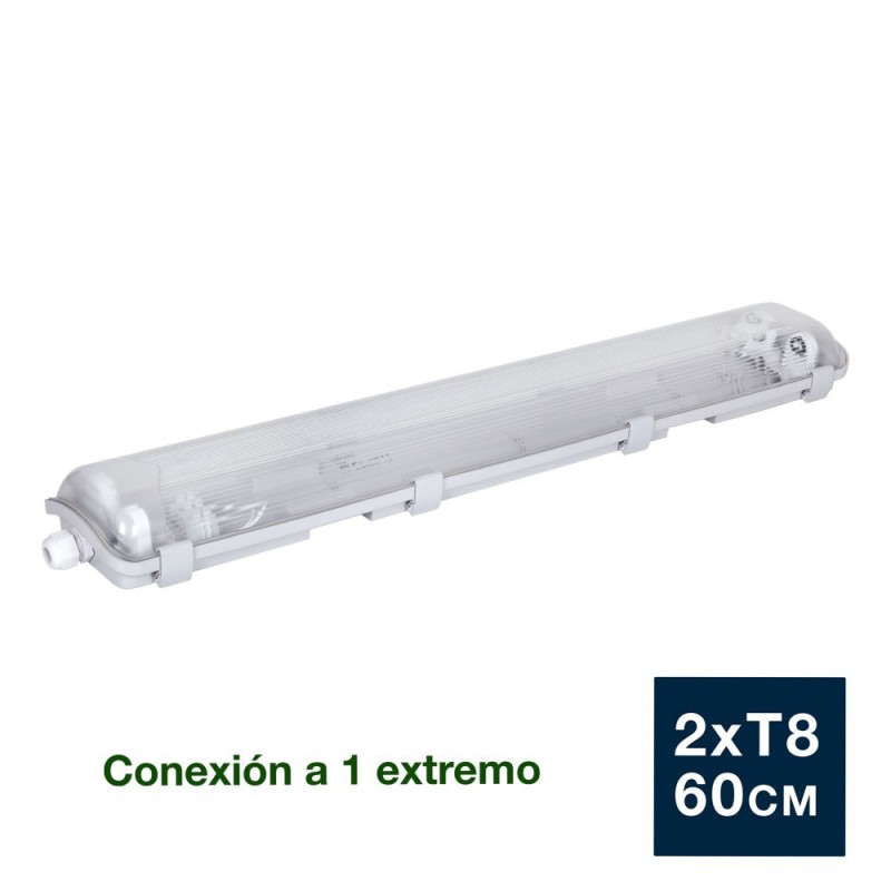 Pantalla estanca vacía para 2 tubos LED 60cm IP65 conexión 1 extremo