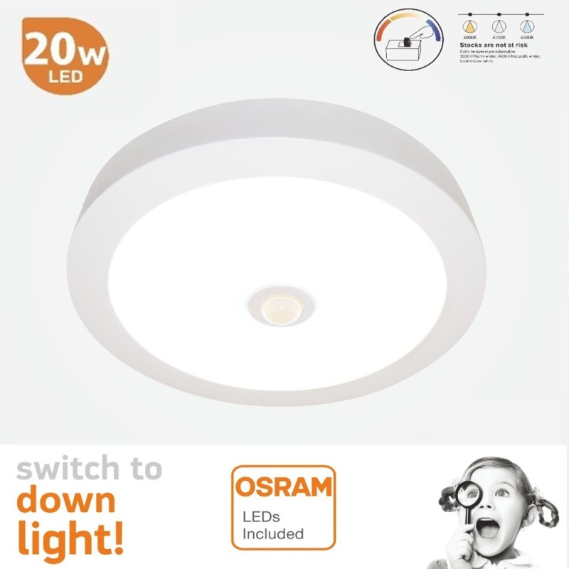 Plafón superficie LED circular 20W CCT chip OSRAM con sensor de movimiento