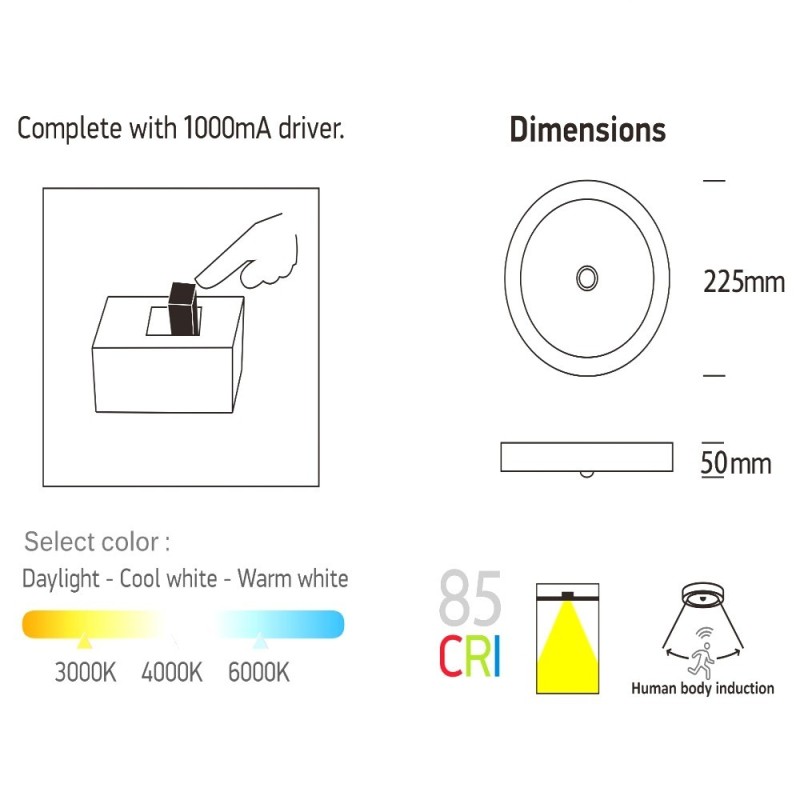 Plafón superficie LED circular 20W CCT chip OSRAM con sensor de movimiento