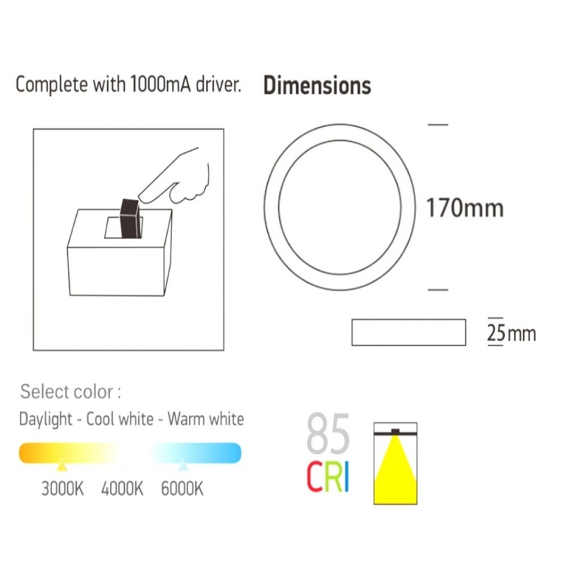 Plafonnier LED 15W Nickel CCT Sélectionnable puce OSRAM 1650Lm