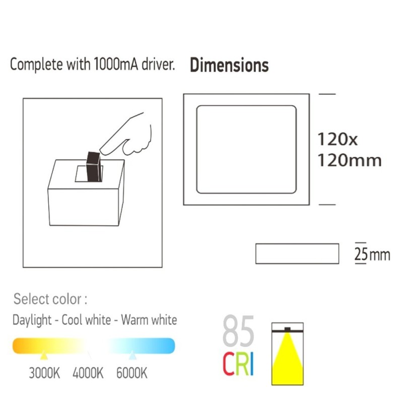 8W Selectable CCT Square Nickel Surface LED Ceiling Light OSRAM chip 880Lm