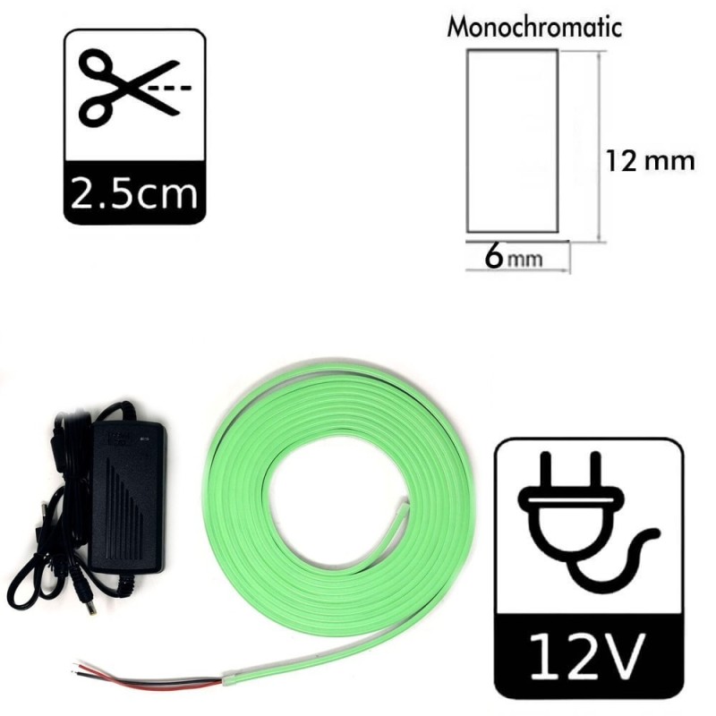 Neon LED flessibile VERDE 12V 8W/m 6mm - Rotolo 5 metri
