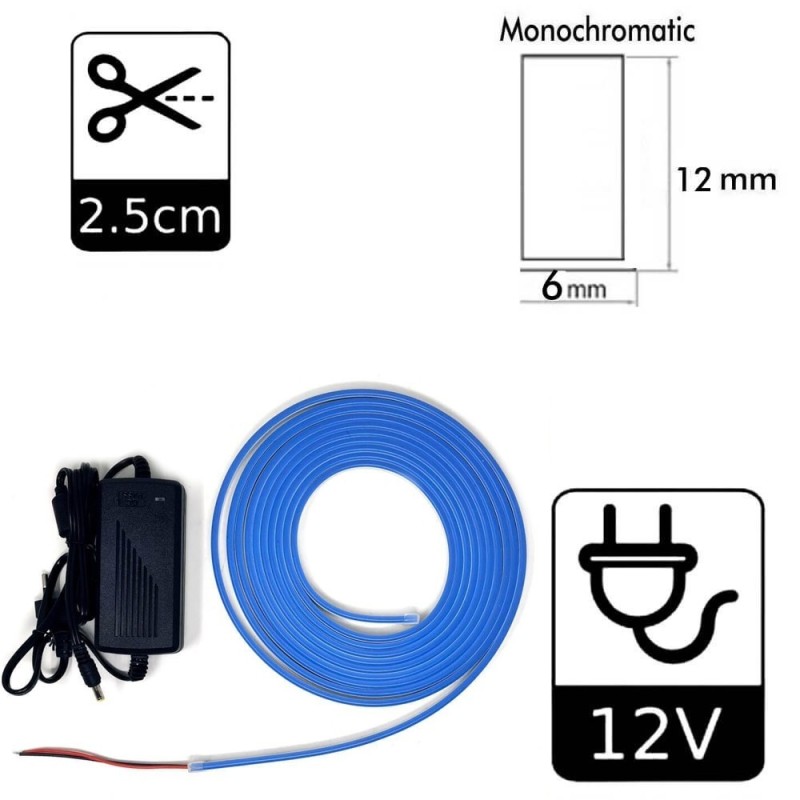 Neon LED flessibile BLU 12V 8W/m 6mm - Rotolo 5 metri