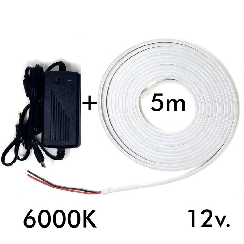 Neon LED flessibile BIANCO 12V 8W/m 6mm - Rotolo 5 metri