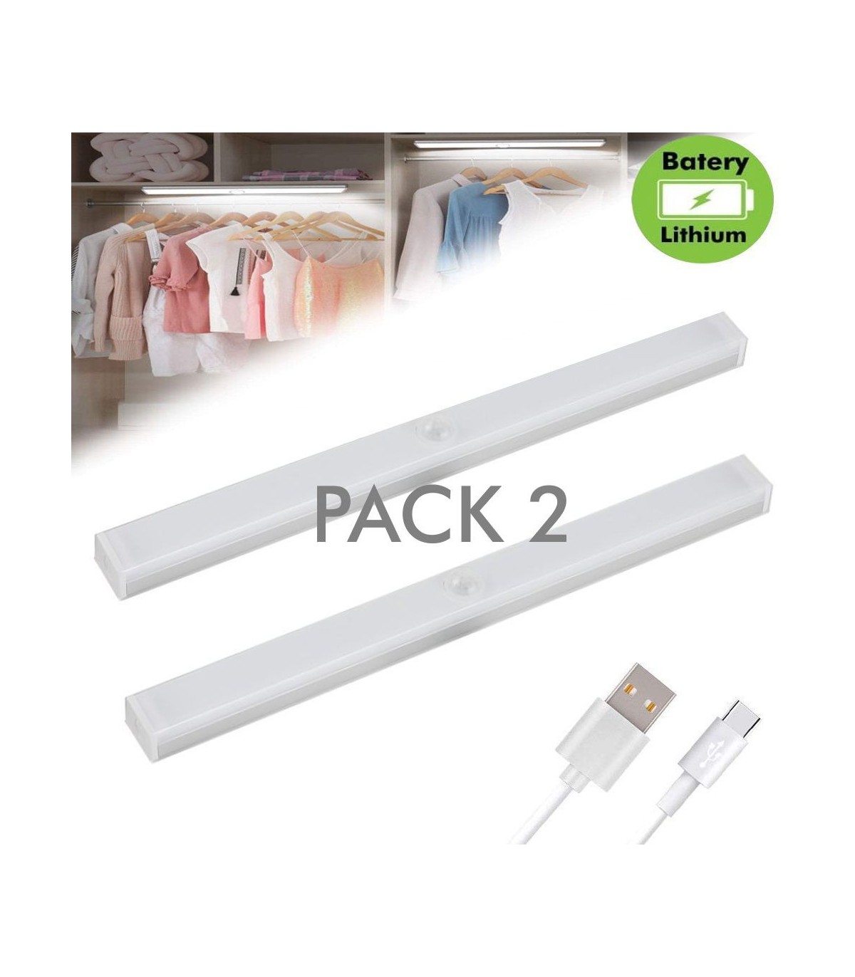 Pack 2 uni - Lampe d'armoire LED magnétique rechargeable avec