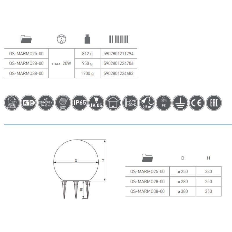 Sfera luminosa da giardino MARMO E27 Ø25cm effetto marmo