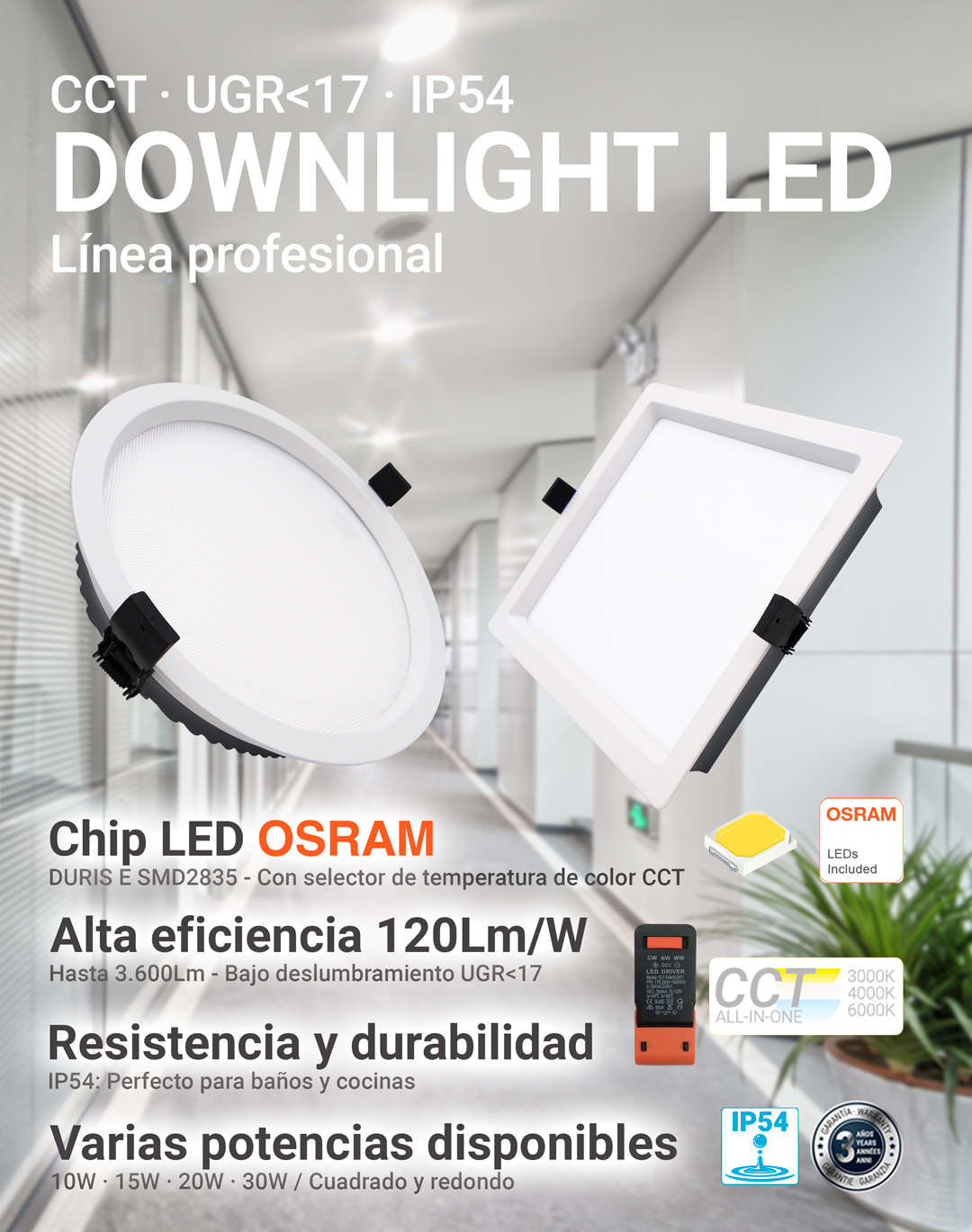Downlight LED empotrable cuadrado IP54 15W CCT